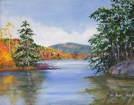 Painting of a fishing pond in Maine - a fall scene
